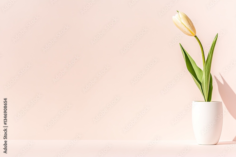 Poster single elegant tulip stands in simple white vase casting soft shadow on pristine light-colored backg