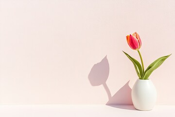 Fototapeta premium single elegant tulip stands in simple white vase casting soft shadow on pristine light-colored background symbolizing