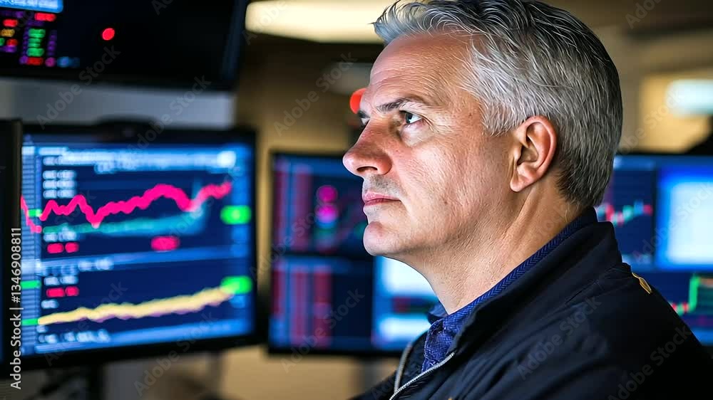 Poster a trader analyzing a stock chart on a monitor, with market trends and prices visible on the screen.