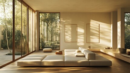 Cozy and Peaceful Minimalist Living Room with Natural Lighting and Serene Ambiance