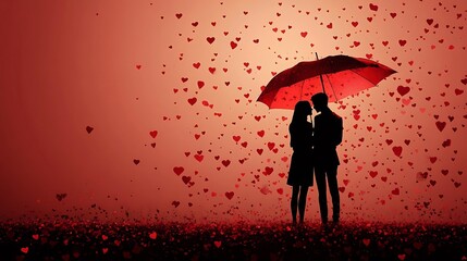 Romantic Couple Embracing Under Umbrella in Rainy Red Heart Shower