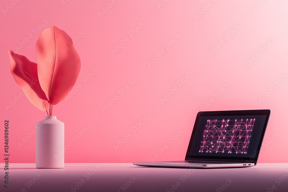 Poster sleek minimalistic workspace showcasing laptop displaying abstract ai and machine learning neural ne