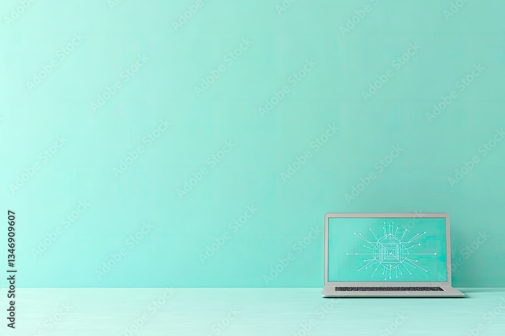 Poster sleek minimalistic workspace showcasing laptop displaying abstract ai and machine learning neural ne