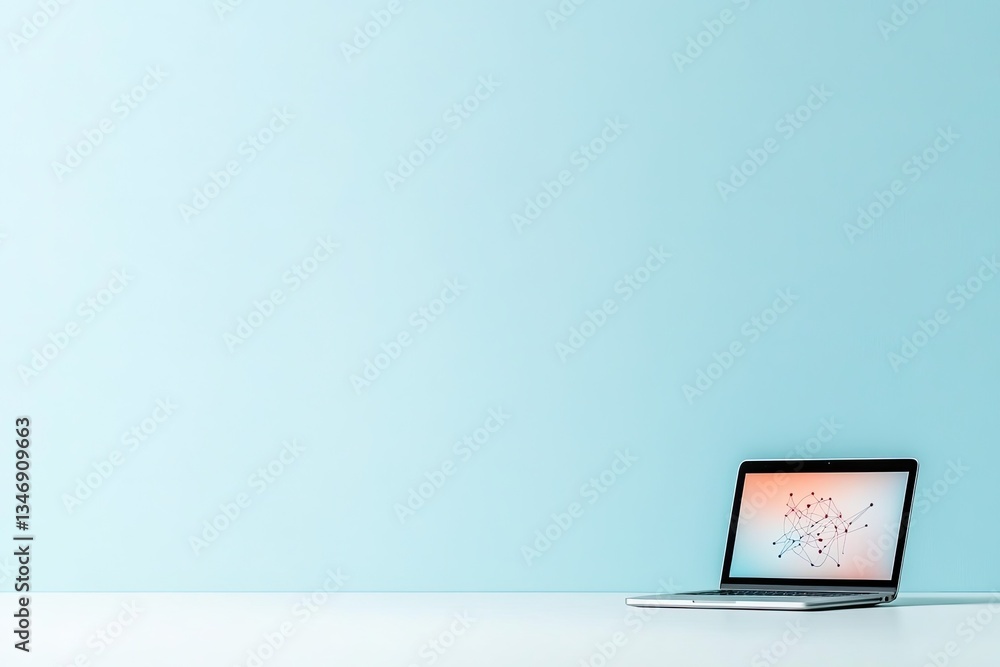 Poster sleek minimalistic workspace showcasing laptop displaying abstract ai and machine learning neural ne