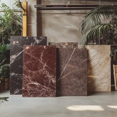 Elegant marble slabs display in modern industrial space with greenery