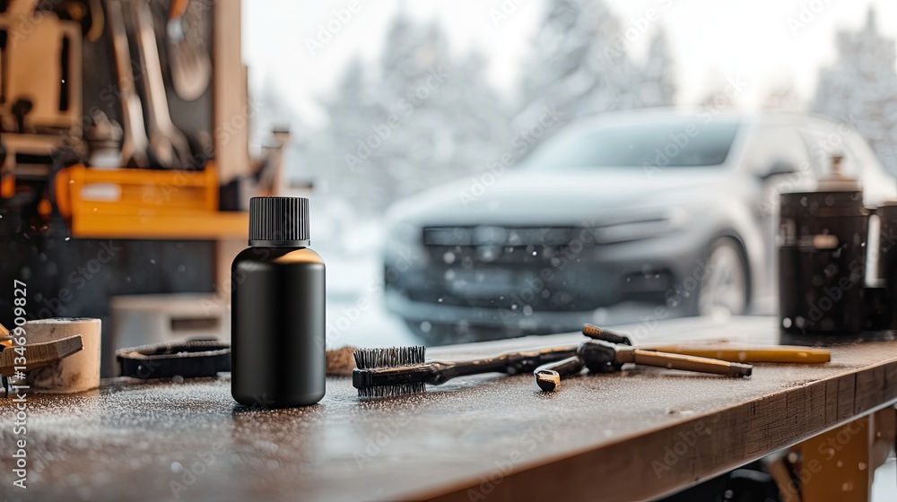 Poster sleek shot of lubricant bottle placed on workbench with detailing tools and frosty car visible in ba