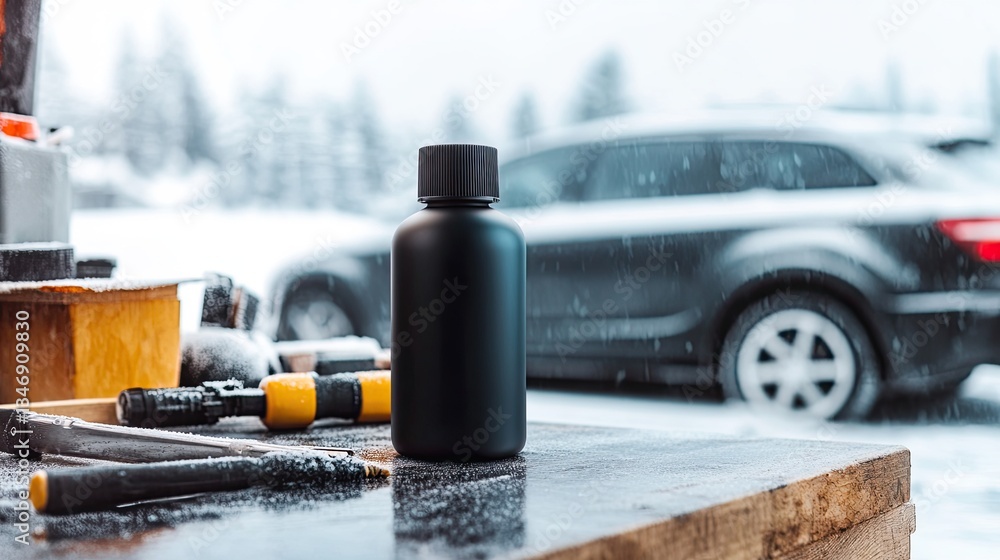 Poster sleek shot of lubricant bottle placed on workbench with detailing tools and frosty car visible in ba