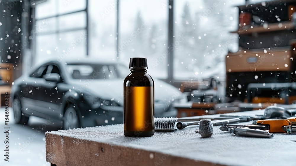 Poster sleek shot of lubricant bottle placed on workbench with detailing tools and frosty car visible in ba