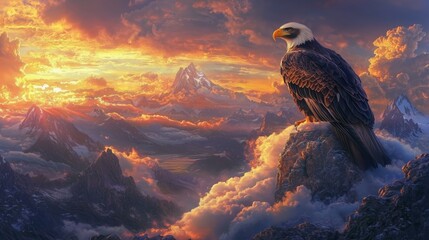 Majestic Bald Eagle Overlooking Golden Sunset and Snow-Capped Mountain Peaks