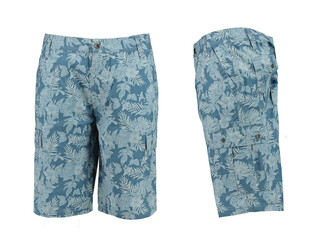 Men's summer blue shorts with tropical pattern. Front and side view.  Photo on a mannequin without a model.
Isolated image on a white background. Nobody. 

