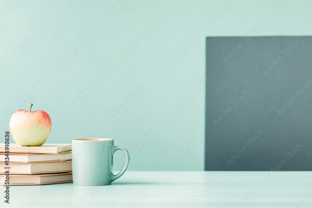 Poster teacher desk in brightly lit classroom holds stack of books and mug with empty chalkboard behind off