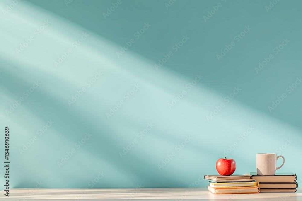 Poster teacher desk in brightly lit classroom holds stack of books and mug with empty chalkboard behind off