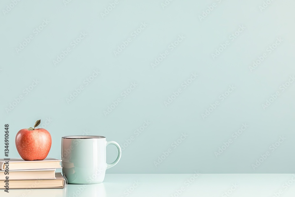 Poster teacher desk in brightly lit classroom holds stack of books and mug with empty chalkboard behind off