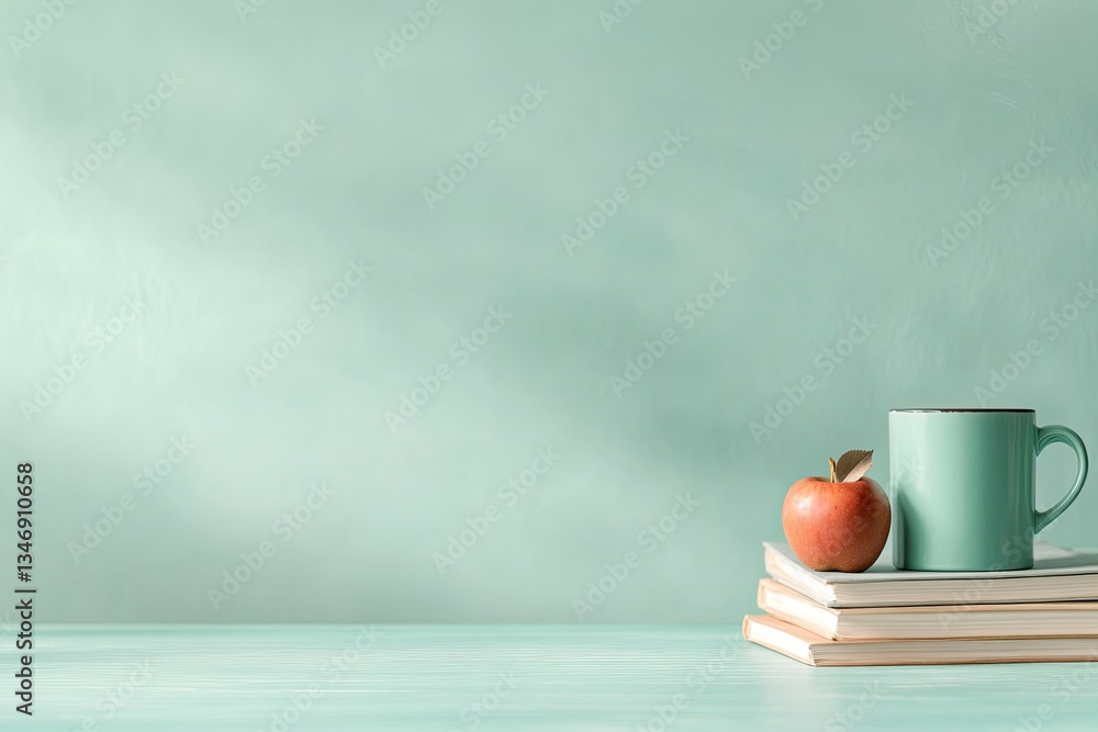 Poster teacher desk in brightly lit classroom holds stack of books and mug with empty chalkboard behind off