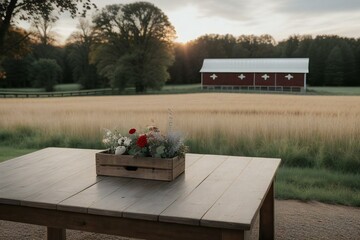 Wooden table with a barn background