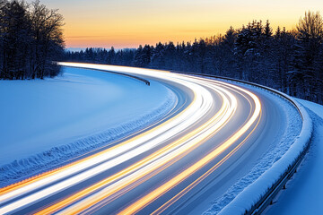 Fototapeta premium Long exposure of car light trails on a snowy winding road at sunset, with illuminated lights cutting through the winter landscape