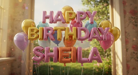 Happy Birthday Sheila Balloon Display with Colorful Party Decorations