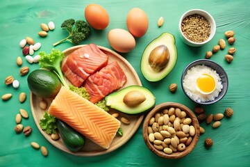 A green background with various healthy foods such as salmon, avocado, broccoli, almonds, and tomatoes, arranged on a wooden plate and in bowls.