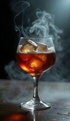 Glass of smokey cocktail with ice cubes emits vapor against a dark background, creating an elegant and mysterious ambiance
