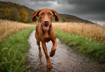 hungarian vizsla running in the contryside, in autumnal meadown, with a beautiful sunset on the sky,hunting pointer dof playing happy on the nature, breed of purebred animal