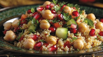 A vibrant quinoa salad with chickpeas, pomegranate seeds, and fresh vegetables, served on an intricately designed plate.
