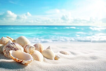 Seashells on a tropical beach.  A beautiful collection of seashells rests gently on the warm, white sand of a tropical beach.
