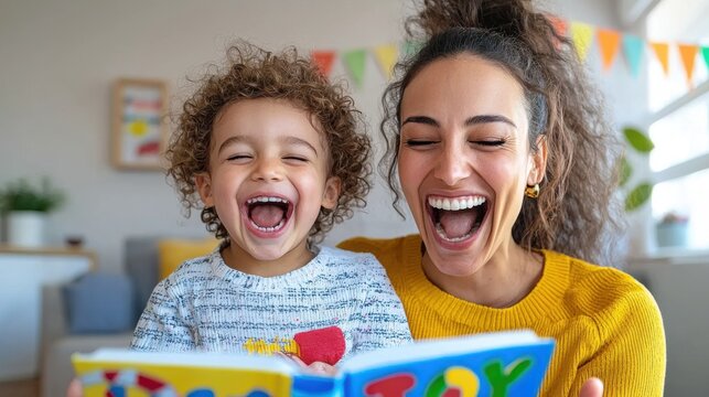 Happy Mother & Child Reading Book Together