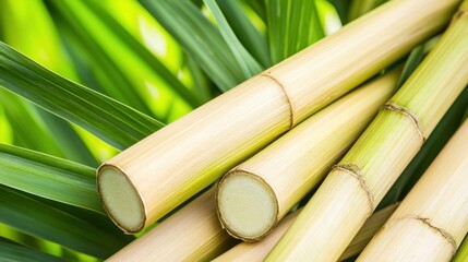 Sugarcane Organic Farming Concept, Close-Up of Fresh and Organic Sugarcane Plants on a Vibrant Green Background
