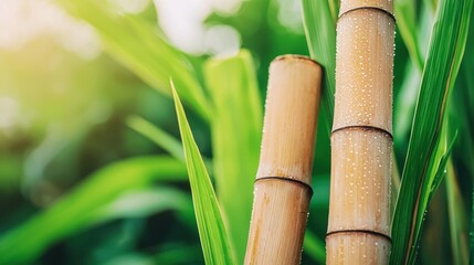 Obraz premium Sugarcane Organic Farming Concept, Close-Up of Glistening Sugarcane Stalks with Dew in Lush Green Background Capturing Nature's Beauty