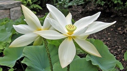 Fototapeta premium Stunning White Lotus Flowers Blooming in Garden