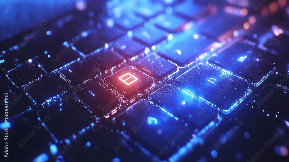 Poster abstract futuristic keyboard neon glow digital art technology background red web blue dark data code