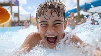 Joyful Boy Splashing in Water Park Pool
