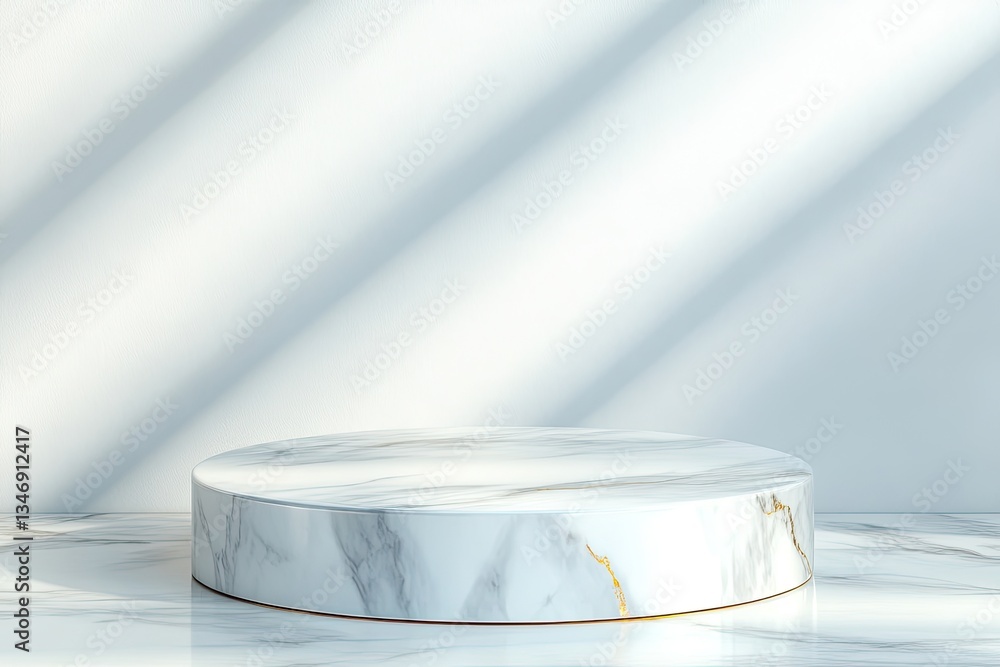 Poster white marble podium with elegant gold accents positioned in minimalist setting under diffused lighti