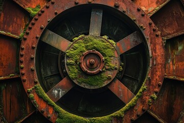 Obraz premium Rusty, moss-covered industrial wheel, showcasing age and decay with intricate details.