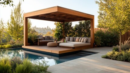 Luxurious cabana club rende featu a spacious wooden pergola over a plush low deck with an outdoor ambiance captu relaxation and elegance perfectly