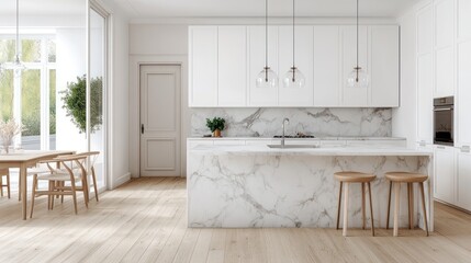 Modern Minimalist Kitchen Design: White Marble Island and Wooden Accents