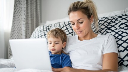 Obraz premium Mom and Son Using Tablet in Bed