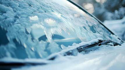 Frosty car windshield, winter scene, snowy background, travel