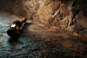 A wooden gavel rests on a dark, textured surface, suggesting themes of law, justice, and judgment.