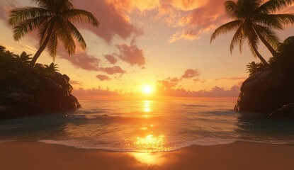 Fototapeta na wymiar Tropical sunset over a serene beach. Lush palm trees frame the golden hour
