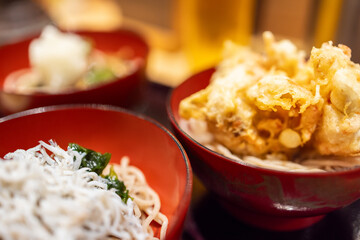Japanese teishoku meal featuring soba noodles with crispy kakiage tempura and shirasu, served in red lacquered bowls with a soft bokeh effect