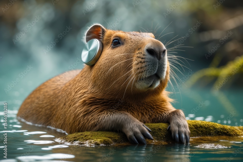 Poster a capybara with headphones relaxing on a log in a tranquil water setting surrounded by lush greenery