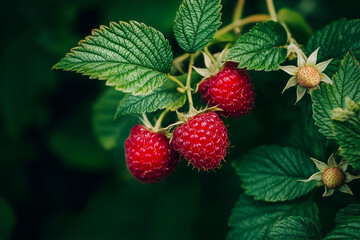 Ripe raspberries on the bush
