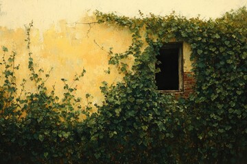 Overgrown ivy clings to a weathered yellow wall, obscuring a dark, empty window, evoking a sense of abandonment and the passage of time.