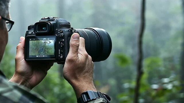 A photographer reviewing images on a camera&rsquo;s screen, making adjustments to settings for the perfect shot.