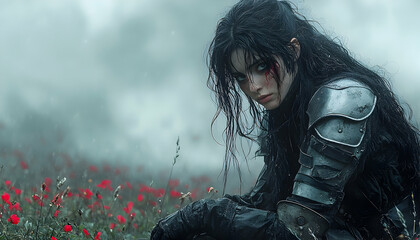 A young woman, clad in dark armor and with a bloody face, sits amidst a field of red poppies on a misty day