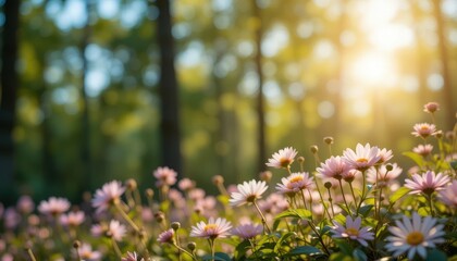 Obraz premium Blooming flowers in a sunlit forest nature photography tranquil environment