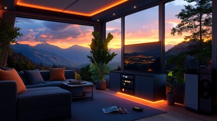 Fototapeta premium Photorealistic luxury motorhome interior with spacious living area, sectional sofa, large , stunning sunset mountain view, modern design details achieved
