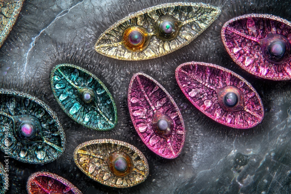 Poster microscopic view of colorful diatoms, showcasing intricate patterns and structures.