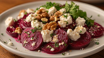 Fototapeta premium A vibrant plate of sliced beets topped with crumbled feta cheese, walnuts, and fresh greens, showcasing a colorful and healthy dish.
